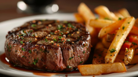 A steak cooked to perfection, oozing with savory juices and served with a side of friesの素材