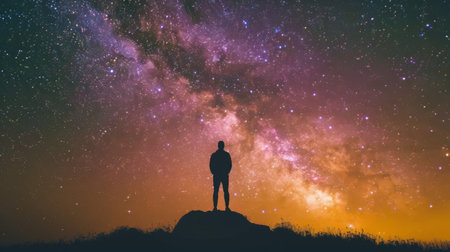 A silhouette of a person stargazing against a backdrop of the Milky Way galaxyの素材