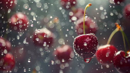 A surreal perspective of water droplets suspended in mid-air above a cluster of cherriesの素材