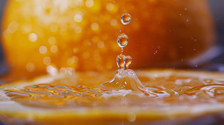 A refreshing water droplet trickling down the surface of a juicy orangeの素材