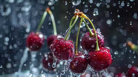 A surreal perspective of water droplets suspended in mid-air above a cluster of cherriesの素材