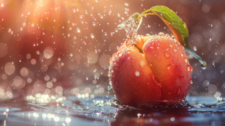 A surreal scene of water droplets forming a shimmering halo around a ripe peachの素材