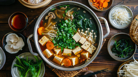 A traditional Asian hot pot filled with broth, tofu, vegetables, and ear mushroomsの素材