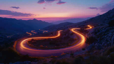 A winding road illuminated by car headlights against the backdrop of a twilight skyの素材