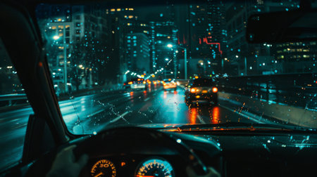 City skyline seen through the windshield of a car driving along a busy nighttime roadの素材