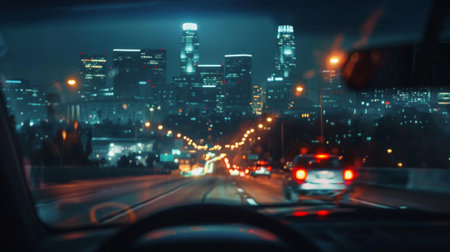 City skyline seen through the windshield of a car driving along a busy nighttime roadの素材