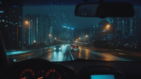 City skyline seen through the windshield of a car driving along a busy nighttime roadの素材