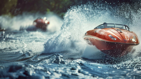 Heart-pounding action as speedboats compete in a water race, creating wavesの素材
