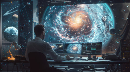 An astronomer analyzing data on a computer screen to unravel the mysteries of the universeの素材
