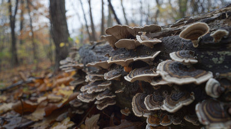 Ear mushrooms growing in a cluster on a decaying tree trunk in the woodsの素材