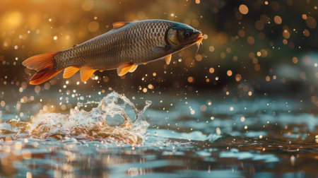 Close-up of a majestic river fish leaping gracefully above the water's surfaceの素材