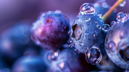 Macro photograph of a translucent water droplet clinging to a cluster of blueberriesの素材