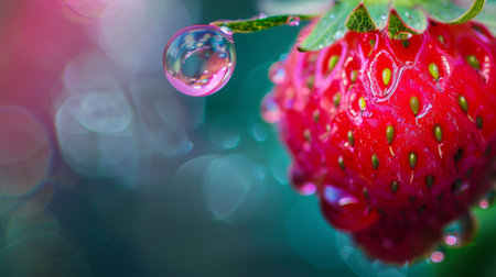 Macro shot capturing a single water droplet clinging to a succulent strawberryの素材