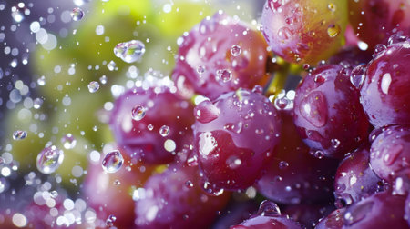 Sparkling water droplets cascading down the sides of a vibrant bunch of grapesの素材