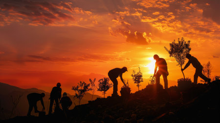 Sunset silhouette of workers planting trees, symbolizing a brighter future for the planetの素材
