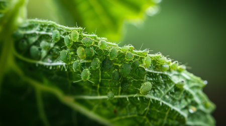 Tiny aphids clustered on the underside of a leaf, feeding on its nutritious sapの素材