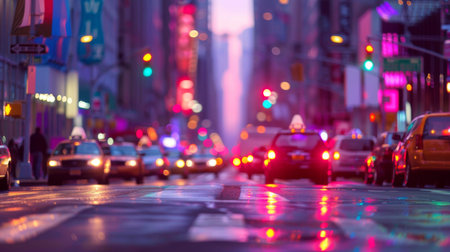 Traffic lights casting colorful glows on a bustling city street at duskの素材