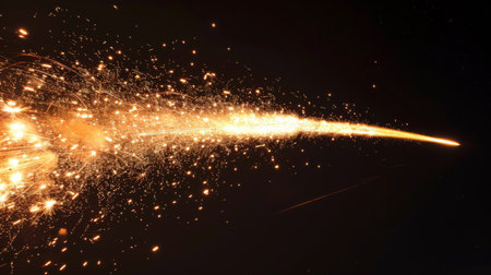 The launch of a massive fireworks rocket, trailing sparks as it ascends into the nightの素材