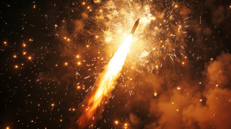 The launch of a massive fireworks rocket, trailing sparks as it ascends into the nightの素材