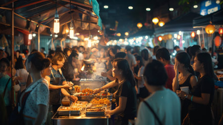A bustling Thai night market filled with vendors selling a wide variety of delicious street food delicacies.の素材