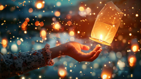 A child's hand releasing a floating lantern with excitement and wonder, experiencing a magical moment.の素材