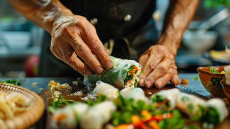 A chef skillfully wrapping fresh Thai spring rolls, showcasing the craftsmanship and precision in Thai cuisine.の素材