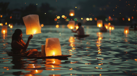 A group of people releasing floating lanterns into the water, participating in a time-honored cultural tradition.の素材