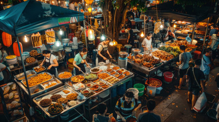 A bustling Thai night market filled with vendors selling a wide variety of delicious street food delicacies.の素材