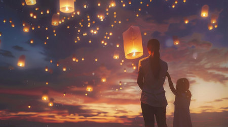 A family releasing floating lanterns together, bonding over shared traditions and creating cherished memories.の素材