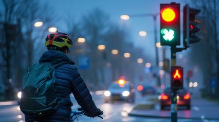 A cyclist waiting at a traffic light intersection, promoting road safety and awareness for all commuters.の素材