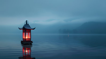 A solitary floating lantern drifting peacefully on a tranquil lake, embodying serenity and calmness.の素材