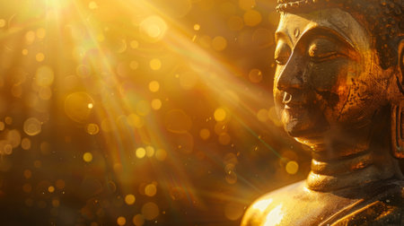 A golden Buddha sculpture radiating peace and serenity under the warm rays of the sunの素材
