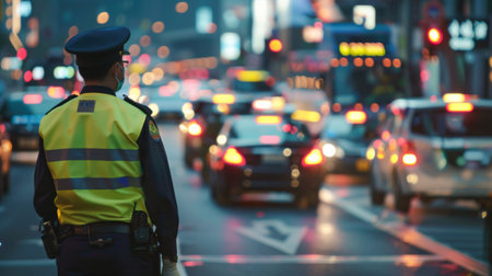 A traffic police officer directing vehicles at a busy junction, ensuring smooth traffic flow during peak hours.の素材