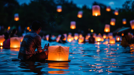 A group of people releasing floating lanterns into the water, participating in a time-honored cultural tradition.の素材