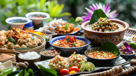 A traditional Thai feast set with various dishes, showcasing the diversity and richness of Thai cuisine.の素材