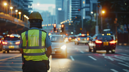 A traffic police officer directing vehicles at a busy junction, ensuring smooth traffic flow during peak hours.の素材