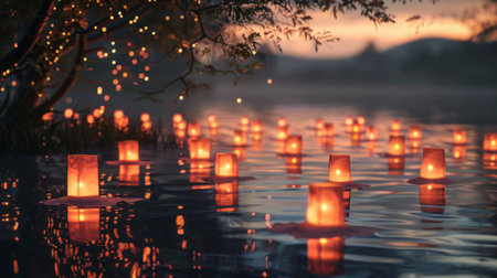 A serene lake scene at dusk, adorned with glowing floating lanterns, evoking tranquility and reflection.の素材