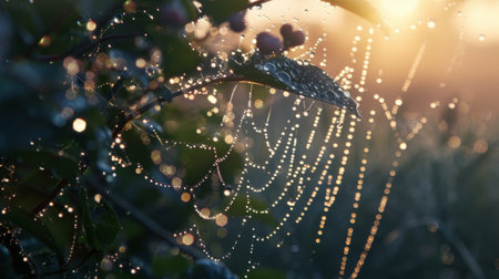 A tranquil scene of water droplets forming on a dew-covered spiderweb at dawnの素材