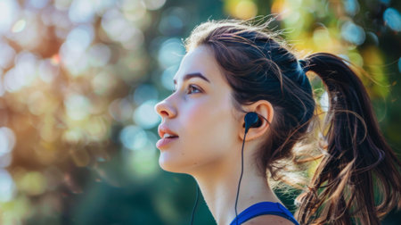 A woman wearing wireless fitness earphones, staying motivated during workouts with uninterrupted music.の素材