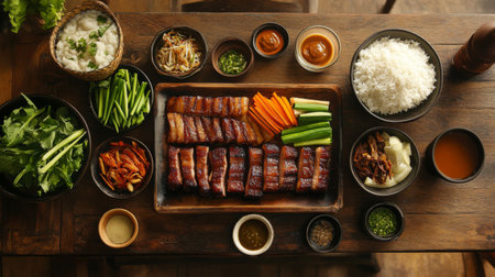 A rustic wooden table set for a feast, featuring a platter of pork belly alongside dipping sauces, fresh vegetables, and rice, inviting everyone to enjoy.の素材