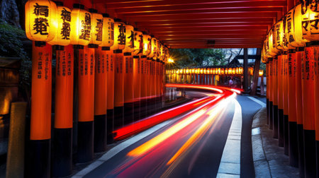 A trail of light moving rapidly through a dark tunnel, with vivid colors and dynamic motion blur, creating the impression of speed and light velocityの素材