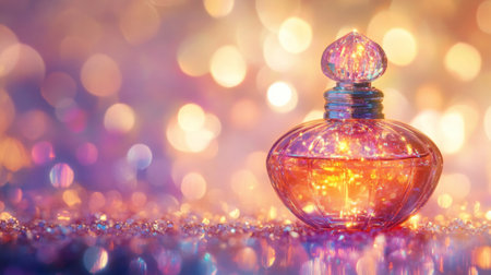 A perfume bottle with a vibrant, colorful design, displayed against a soft blurred background with shimmering light reflecting off its surfaceの素材