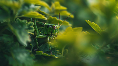 A grasshopper camouflaged among the leaves, blending seamlessly into its surroundingsの素材