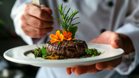 A chef presenting a gourmet steak dish garnished with fresh herbs and edible flowersの素材