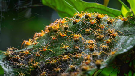 A cluster of tiny spiderlings weaving intricate webs among the leavesの素材