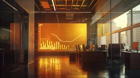 A golden chart projected onto a wall in a modern office, indicating financial growthの素材