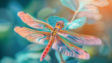 A dragonfly perched gracefully on a leaf, its iridescent wings shimmering in the sunlightの素材
