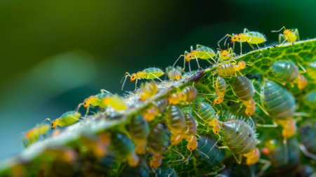 A cluster of tiny aphids being tended to by ants on the surface of a leafの素材