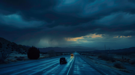 A lone car traveling on a dimly lit highway under the blanket of nightfallの素材