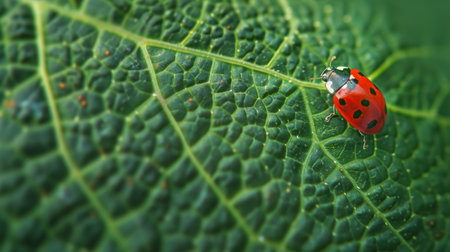 Macro shot capturing a ladybug exploring the intricate veins of a leafの素材